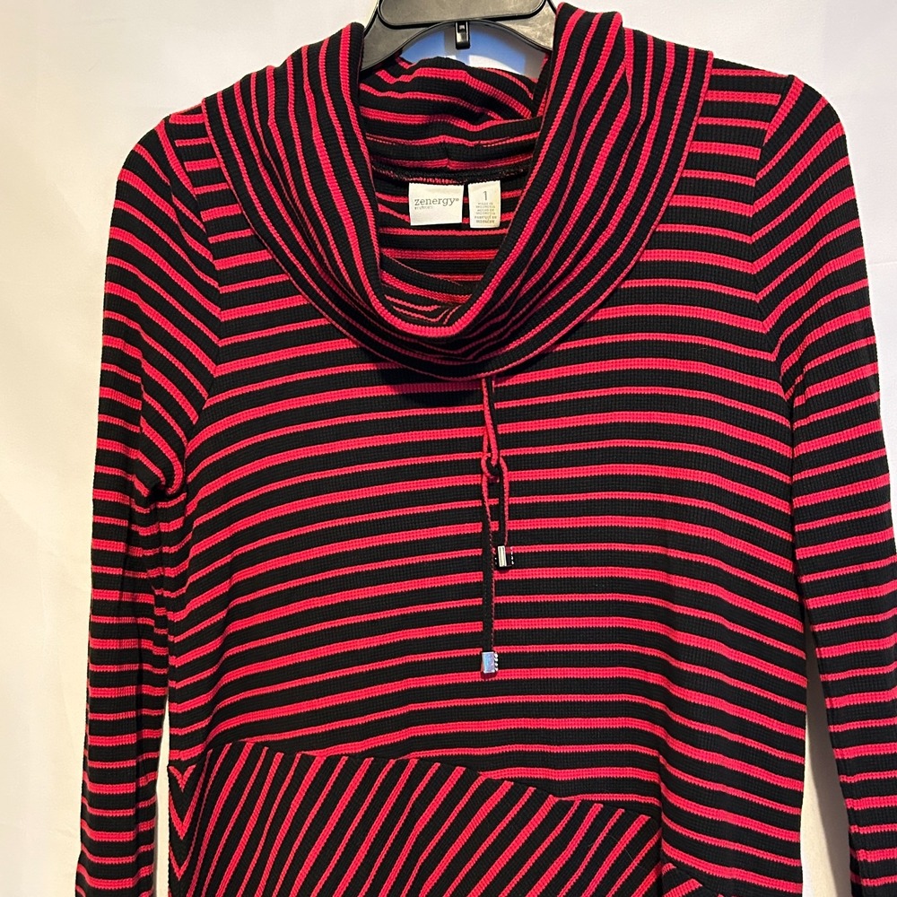 Chicos Zenergy Red Cowl Neck Sweater Striped Long Sleeve Tunic Size 8 Medium - Picture 4 of 9